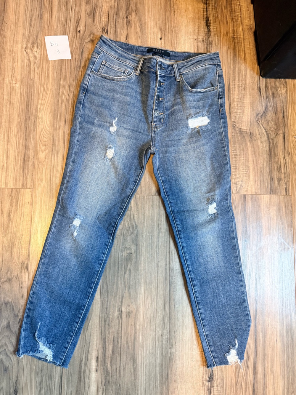 Risen Jeans Button-Fly Distressed Skinny Jeans | Blue | Size 30